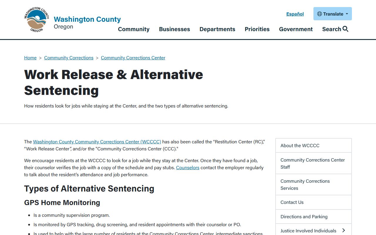Washington County Community Corrections Center work release program information