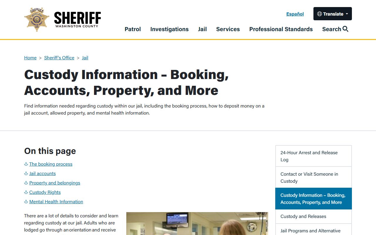 Washington County Jail booking accounts property and deposit information