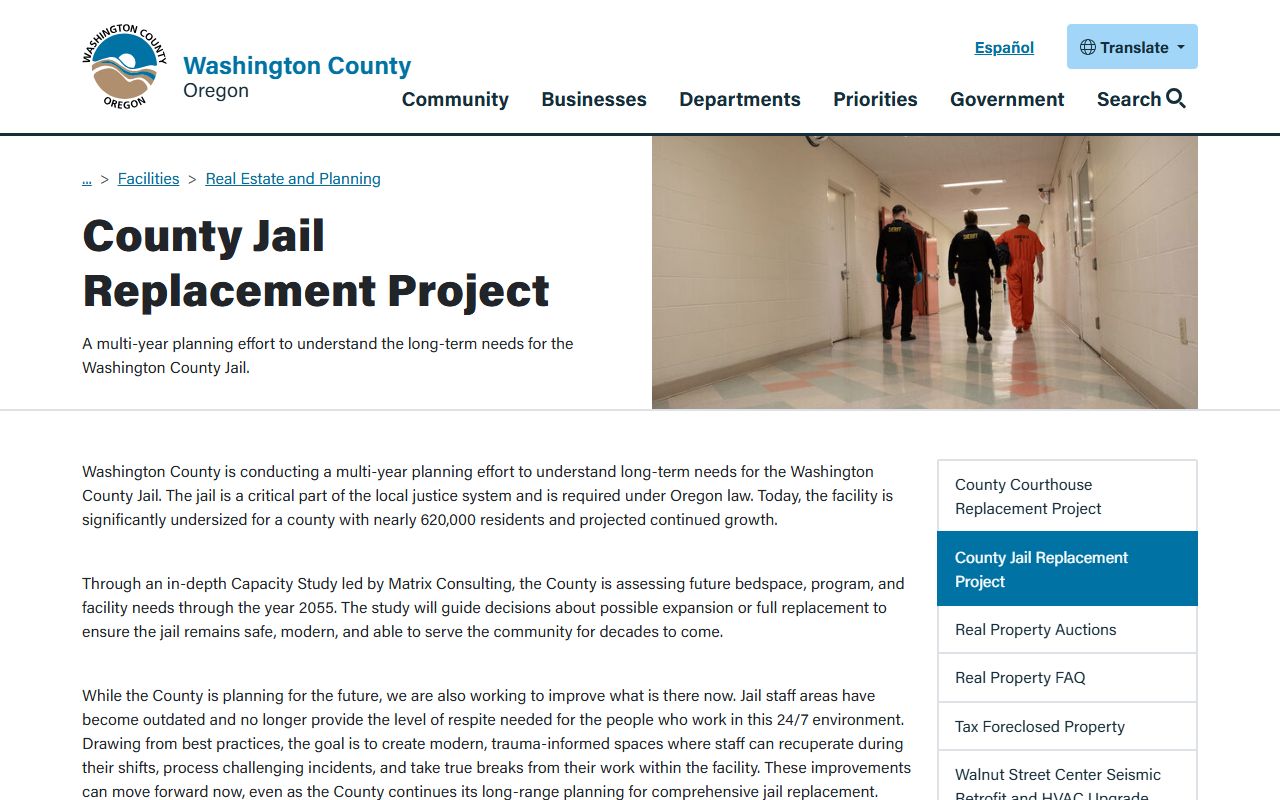 Washington County inmate population jail replacement project capacity planning