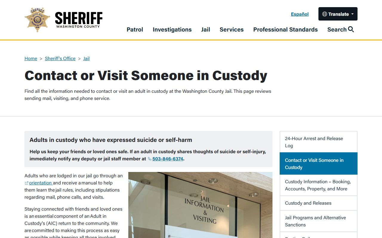 Washington County Jail visitation contact and video visit information